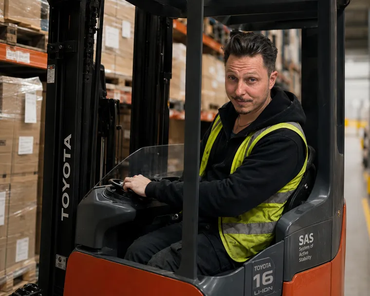 Pierre kör truck i ett lager