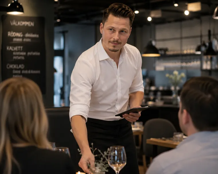 Pierre serverar på restaurang